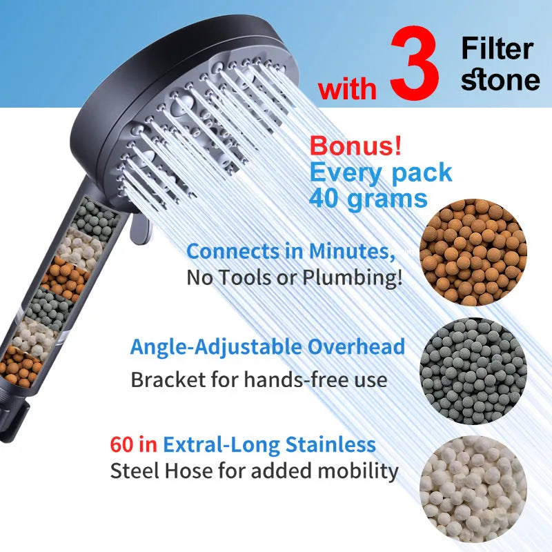 Portable Multifunctional Hand-held Shower Head Set With Filter Carbon Point PP Cotton Dark Matte ABS Construction Spray Massage Beauty Bubble Rainproof Functions