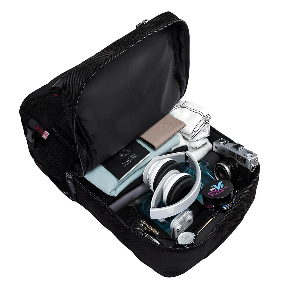 Multifunctional travel bag with multiple compartments in black, green, or blue colours showing 40L and 50L size options