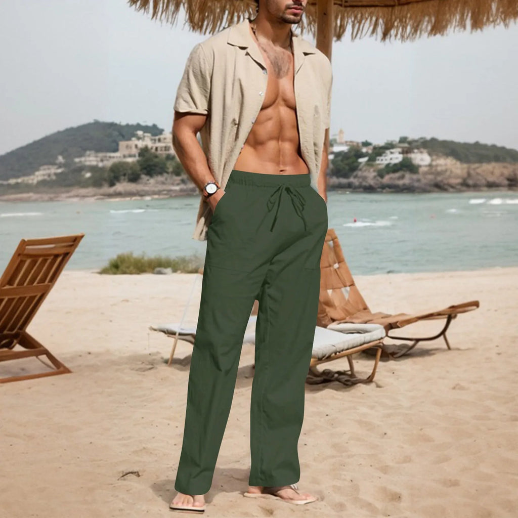 Men's straight leg cotton casual trousers with drawstring elastic waist in multiple colour options.