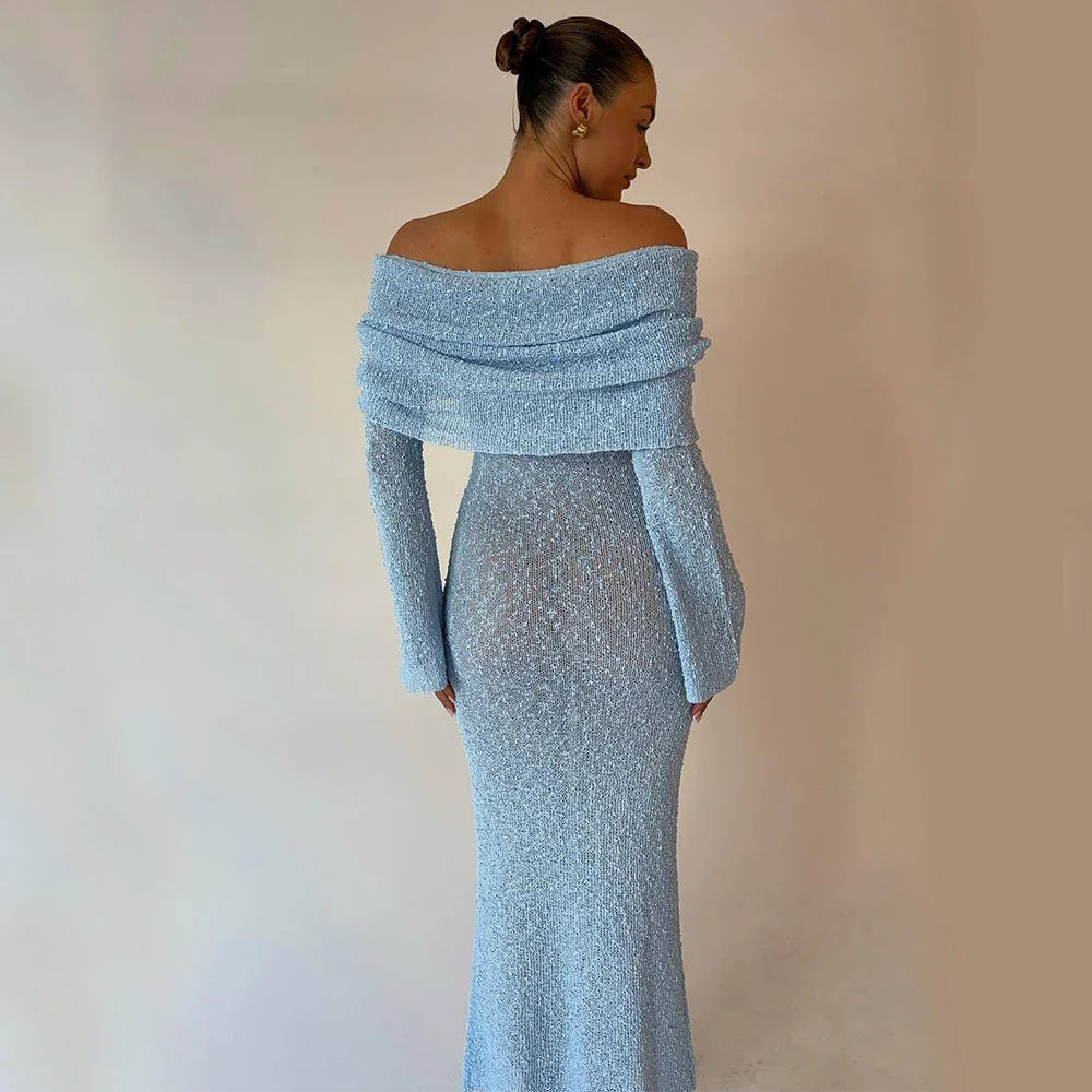 One-shoulder knitted maxi dress in various colors, including apricot, white, and black, with a flowing, high-waist design.