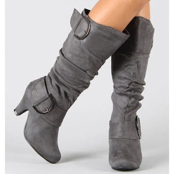 Women's brushed velvet suede boots with high cylinder, tapered heel, and round toe in multiple colours