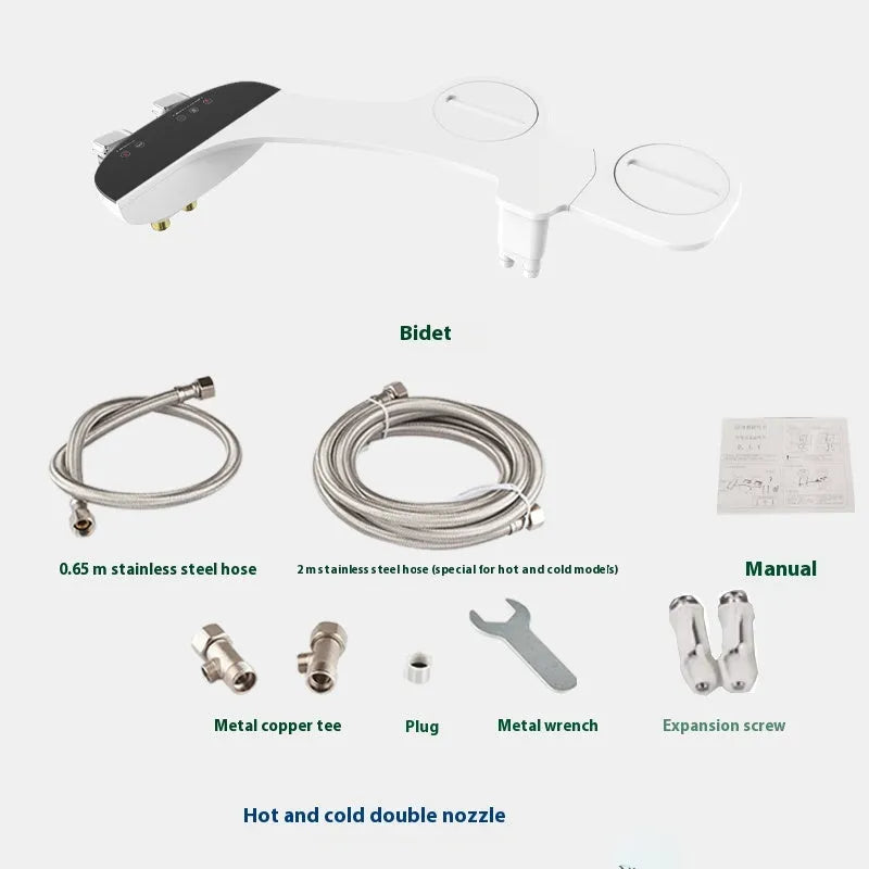 Smart power-free toilet seat cover body cleaner in white ABS plastic with hip wash and pressure adjustment