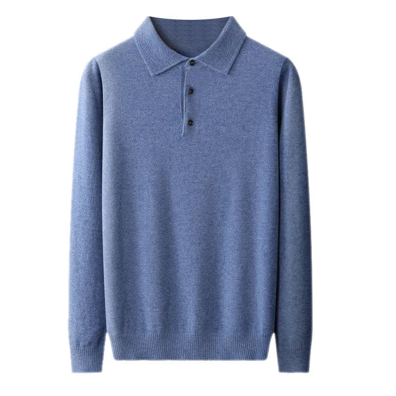 Men's grey woolen pullover sweater with a polo collar, shown on a hanger.