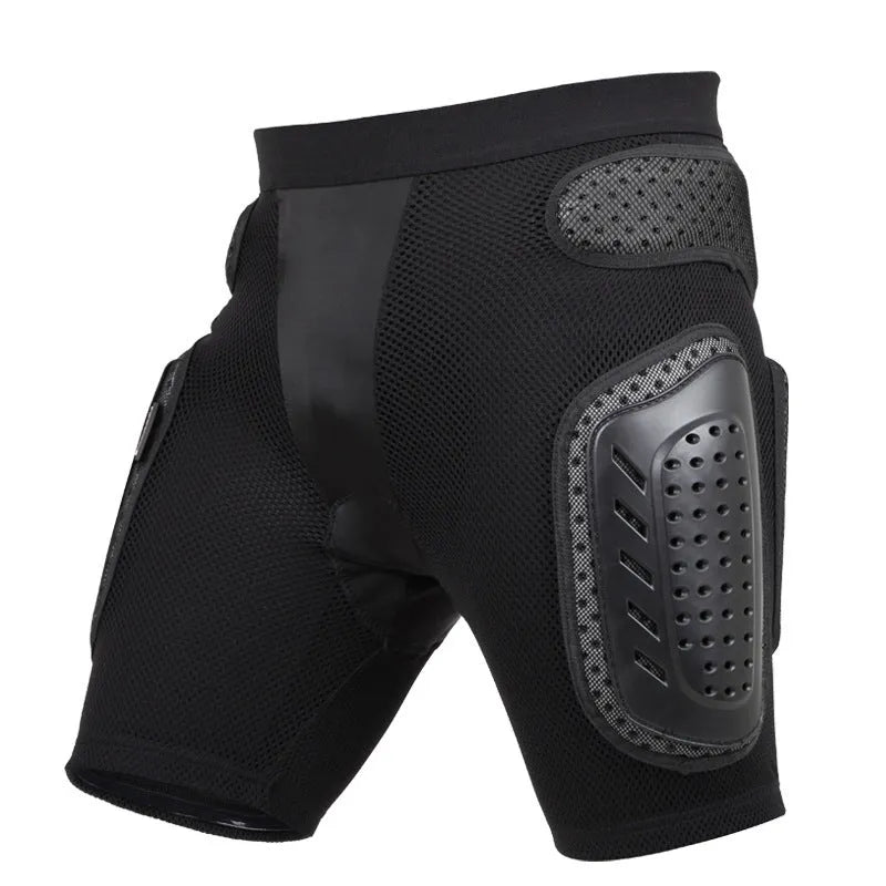 Black cycling hip pad protection pants showing hip guard area and size options S M L XL