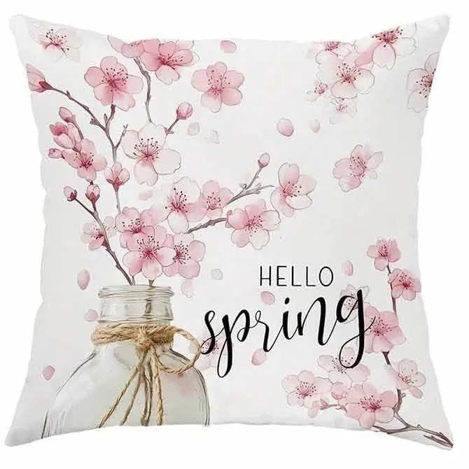 Square short velvet cushion cover with spring cherry blossom pattern, 45cm size.