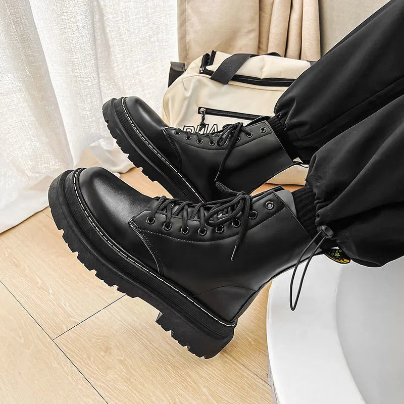 Men's black frosted leather Doc Martens platform boots on a white background, showing both lace-up and zipper style options.