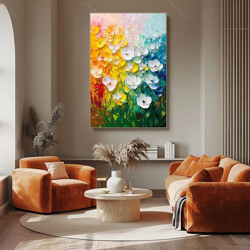 Handmade oil painting canvas wall art with thick oil 3D texture flowers modern abstract frameless rolled