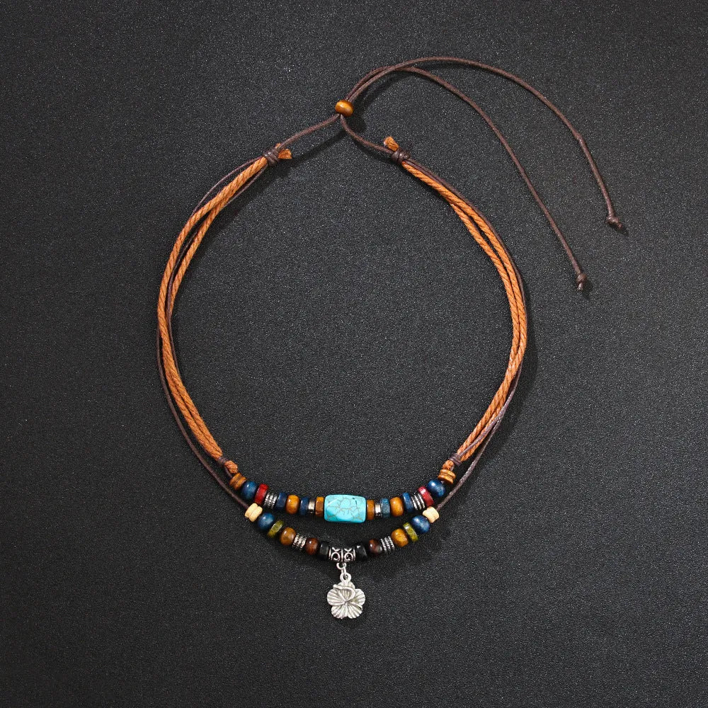 Men's wooden bead necklace with geometric alloy pendant and turquoise wax rope cord