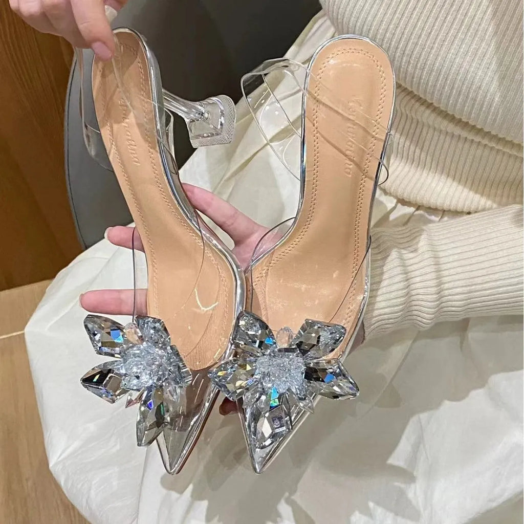 Women's transparent crystal flower high heels with pointed toe in microfiber material