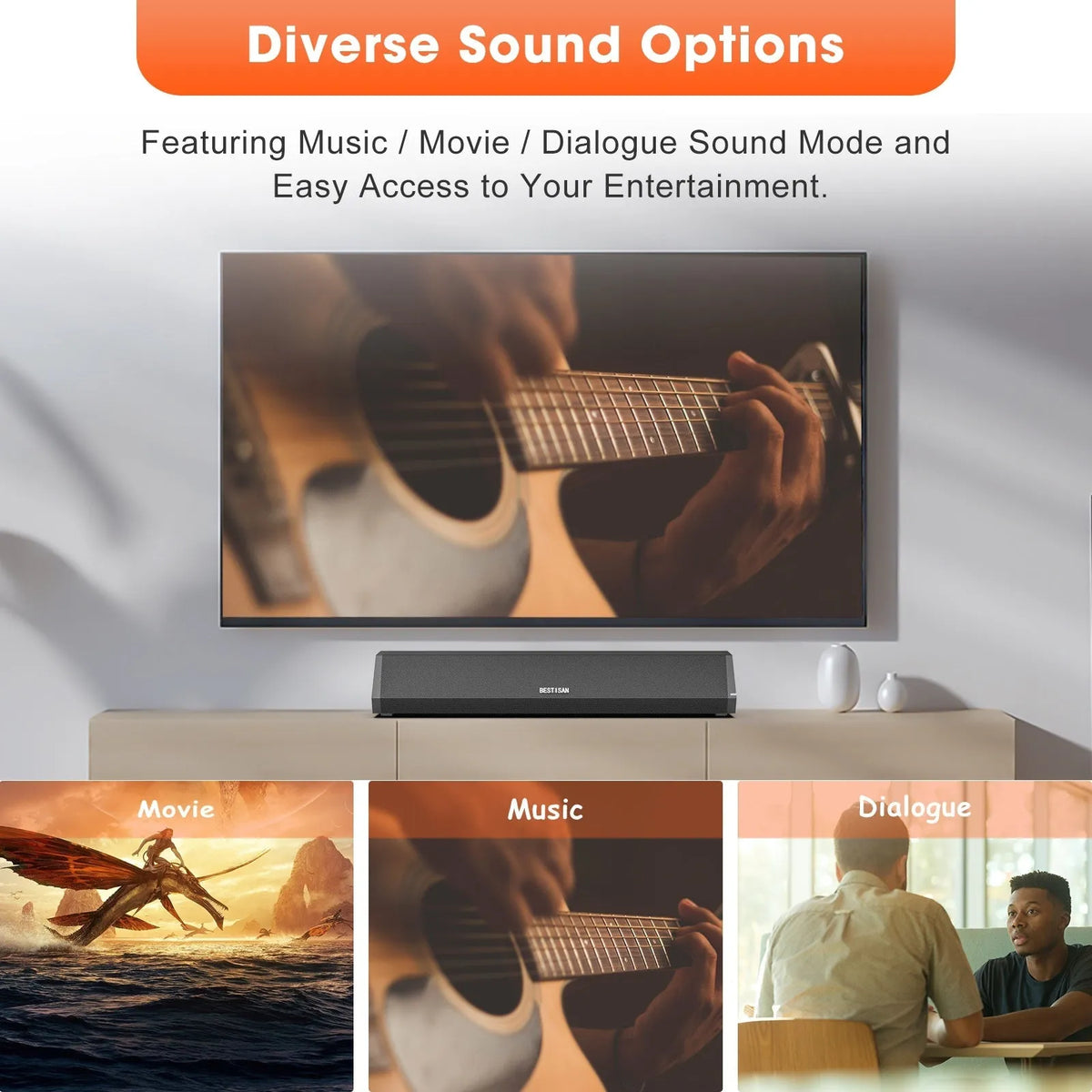 Black 40W wall soundbar with remote control and wall-mounting accessories on a white background