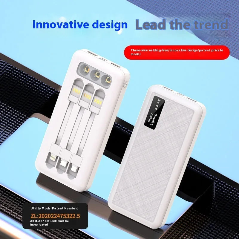 Black power bank with PVC shell, detachable cable, and light display showing battery level