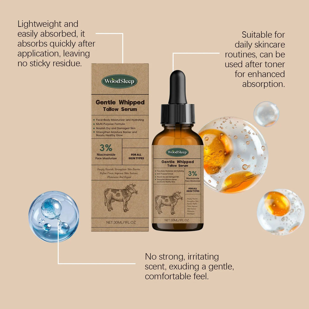 Whipped tallow serum 30ml in a tube with ingredient list including tallow and coconut oil