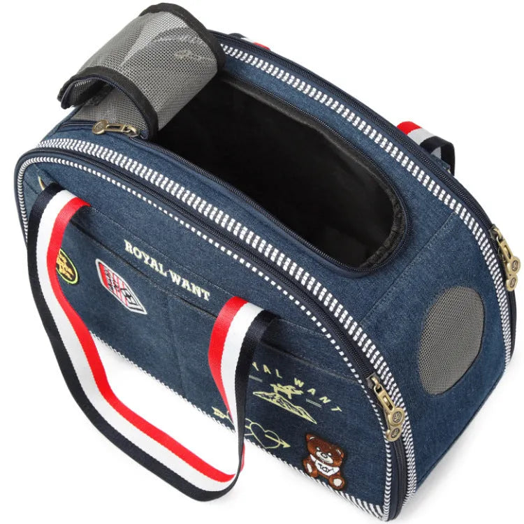 Blue Japanese-style denim pet travel bag with cartoon pattern and dimensions 43x20x30cm