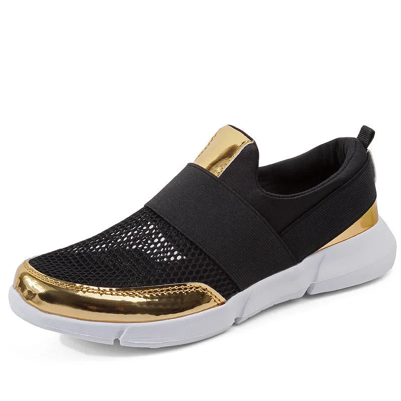 Blue low-top women's mesh sneakers with a colour-matching pattern on a light background.