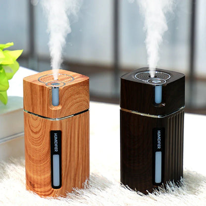 Versatile wood grain ultrasonic humidifier with aroma diffuser, LED light, and compact design