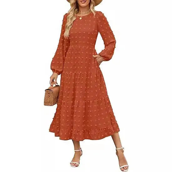 Women's long sleeve casual dress with ruffle sleeves and high waist in a solid colour