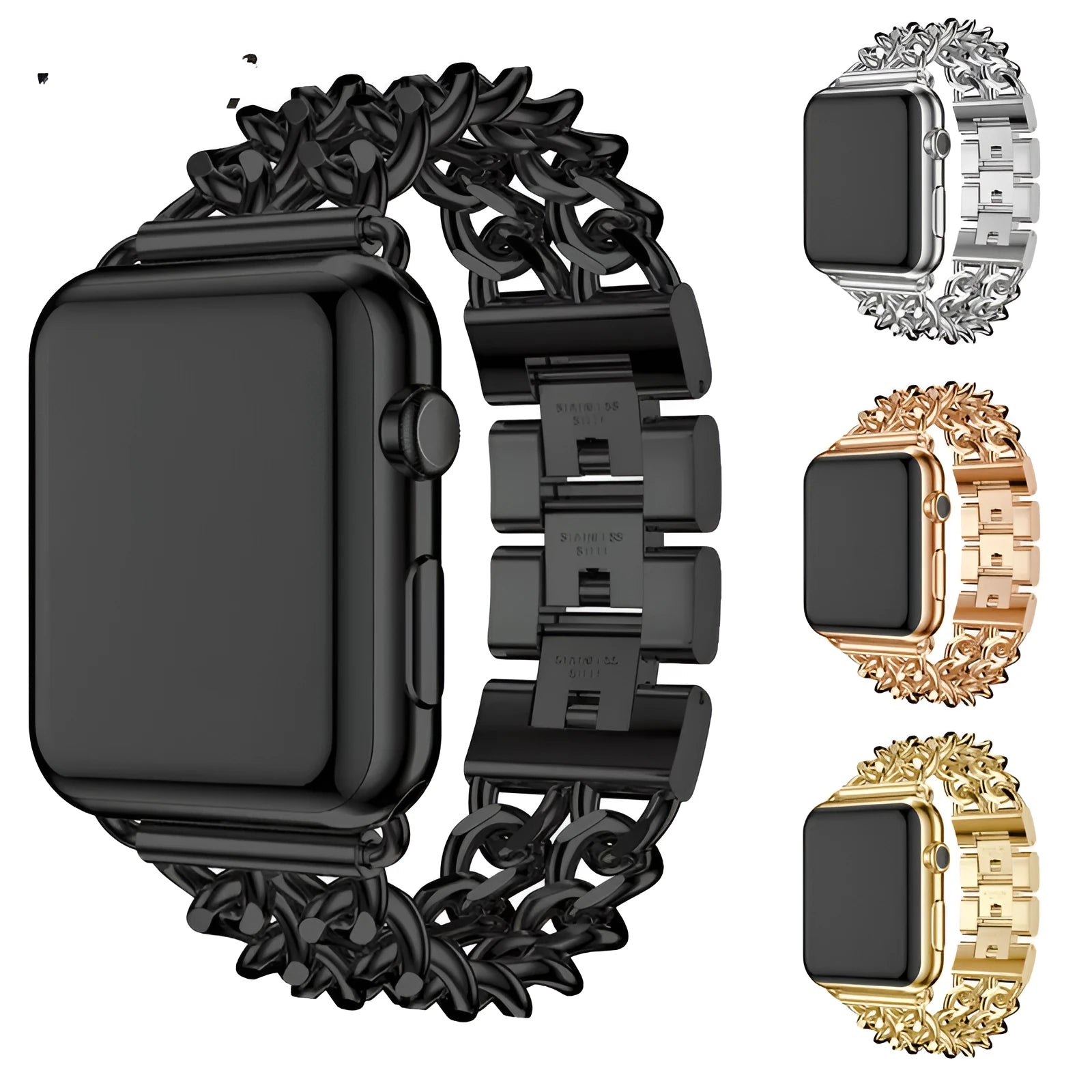 Denim chain metal bracelet watch strap in silver finish with adjustable metal links on a wrist