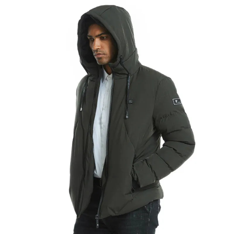 USB electric heated jacket for men women, grey colour, with zipper and hood, windproof nylon shell, outdoor winter coat