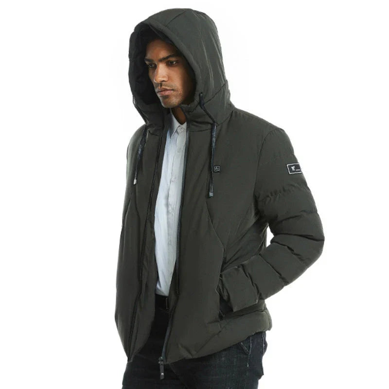 USB-powered heated down jacket in army green, black, and grey colors with various size options