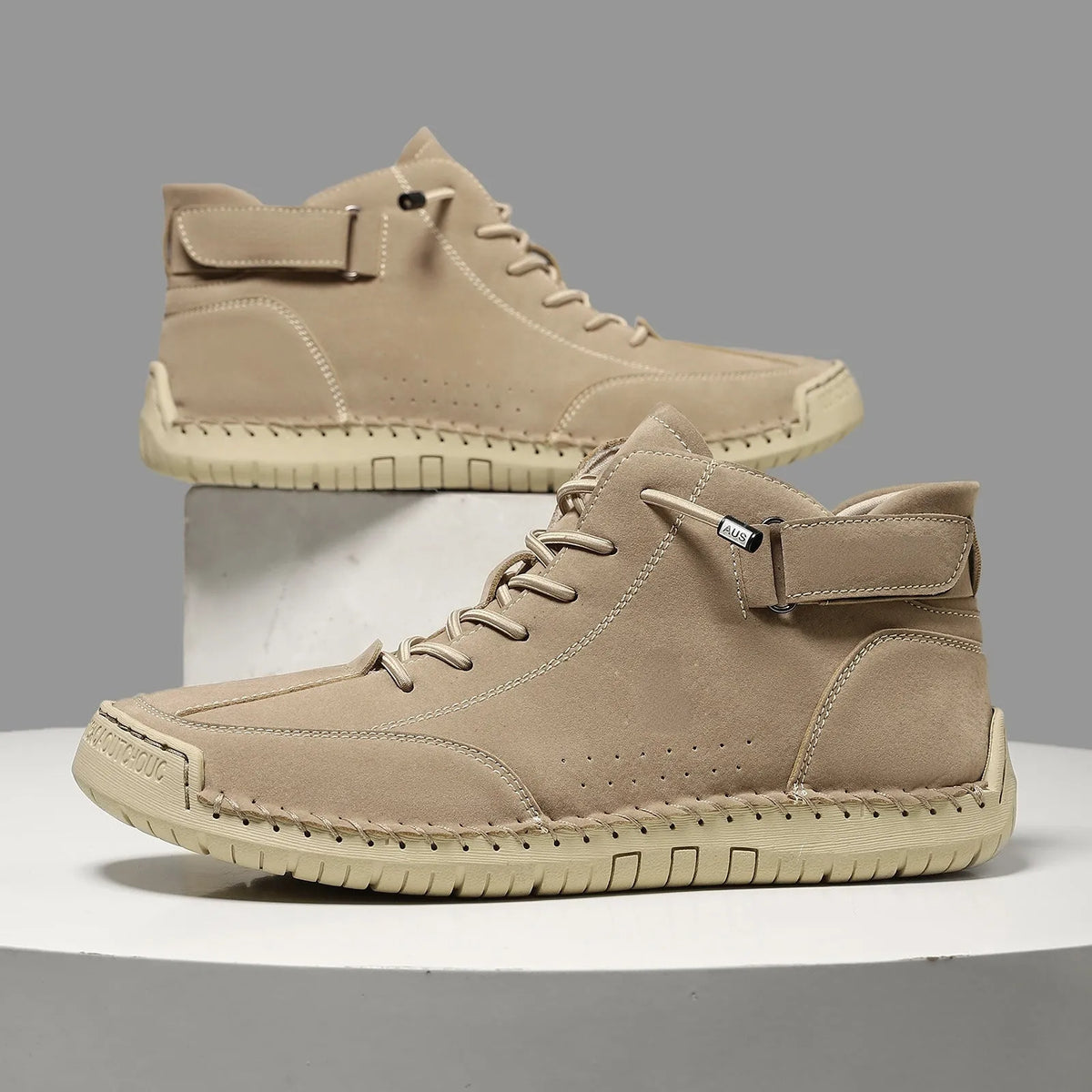Handmade stitching Martin boots spring high top microfiber upper rubber sole flat heel round toe in black gray khaki with pattern