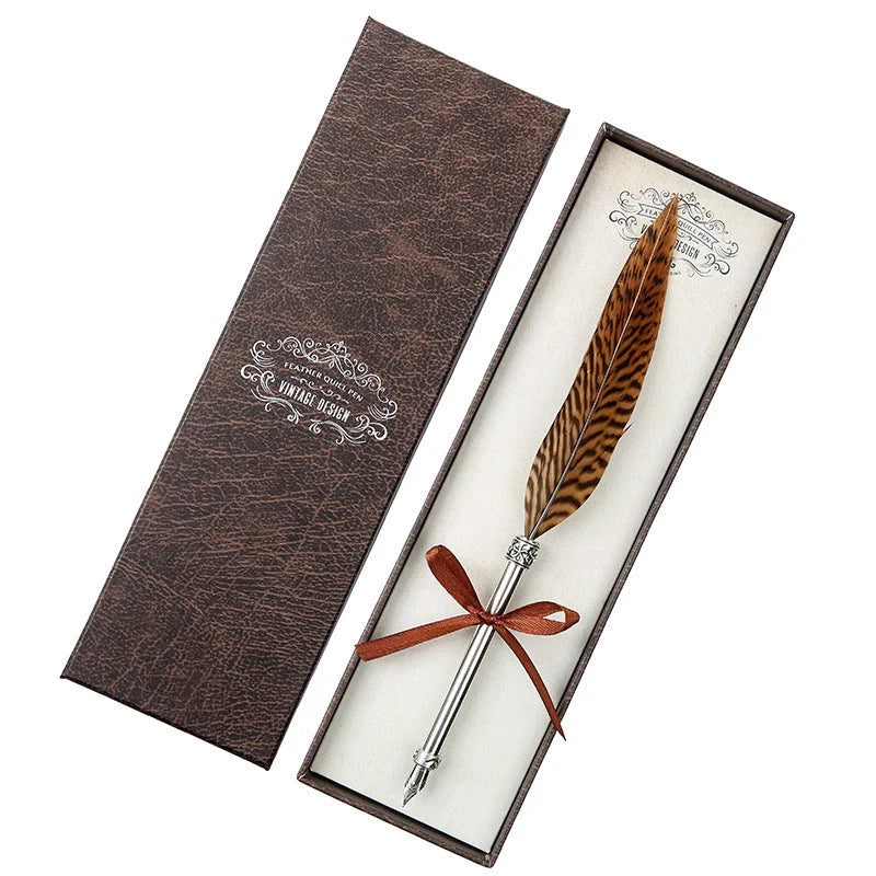 European Retro Feather Pen with stainless steel shell and gift box packaging