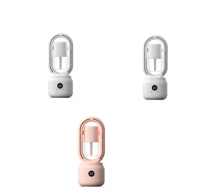 USB rechargeable bladeless water mist fan with humidifier in white, blue, and pink