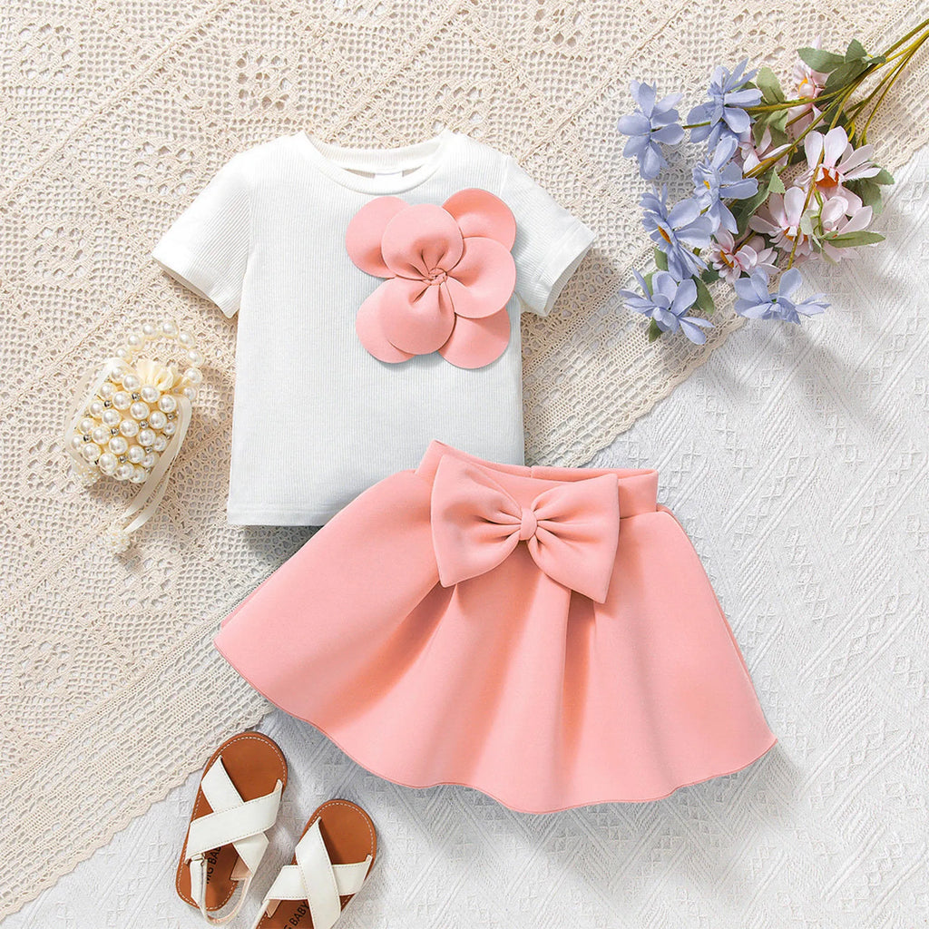 Baby girls flower print short sleeves top with bow puff skirt set in pink colour on child