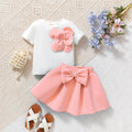 Baby girls flower print short sleeves top with bow puff skirt set in pink colour on child