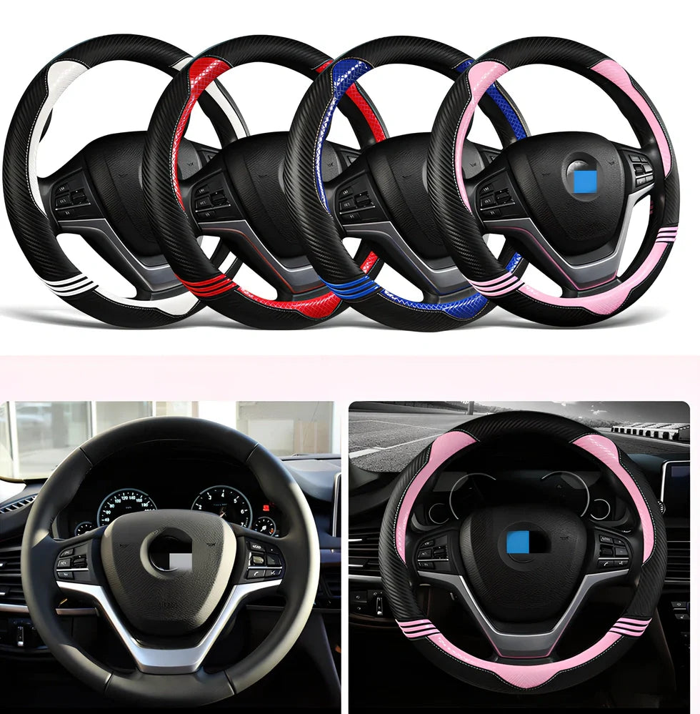 Cute cat steering wheel cover in carbon fibre black with blue accents for 38cm diameter, imitation leather material