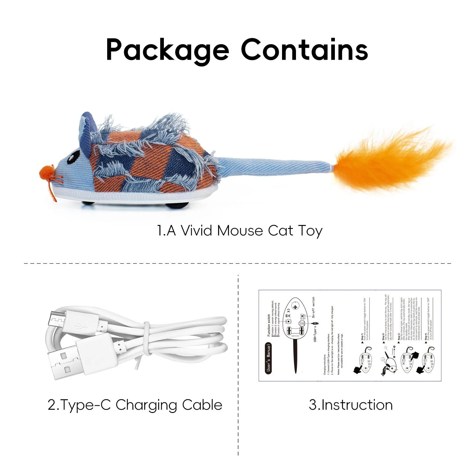 Electronic moving mouse cat toy with feather tail in blue and yellow colour options