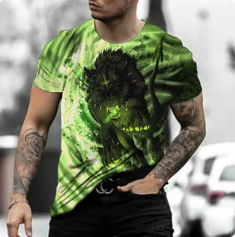 Men's grey short-sleeved T-shirt with a retro-style 3D tiger print on the front.