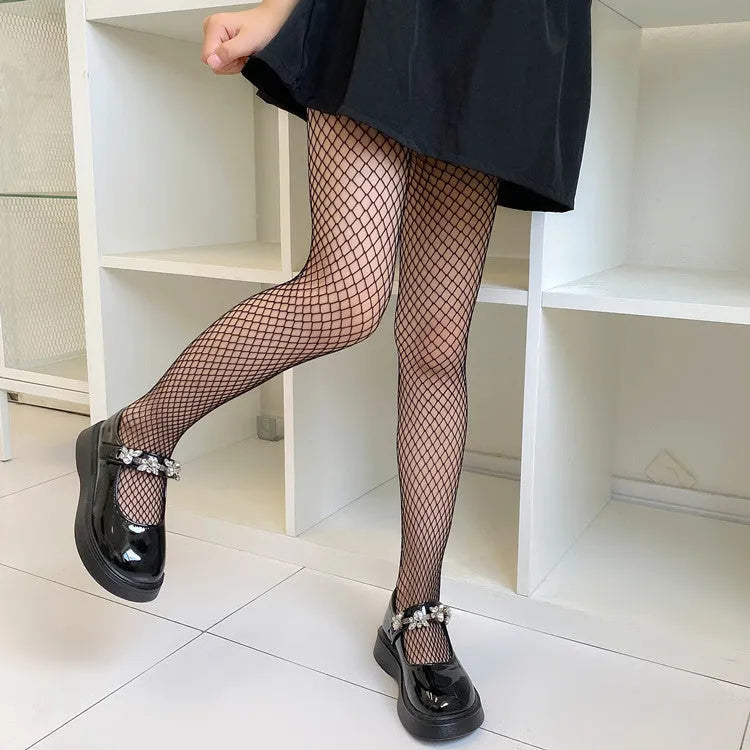 Women's mesh stockings showing large, medium and small mesh patterns in black and white