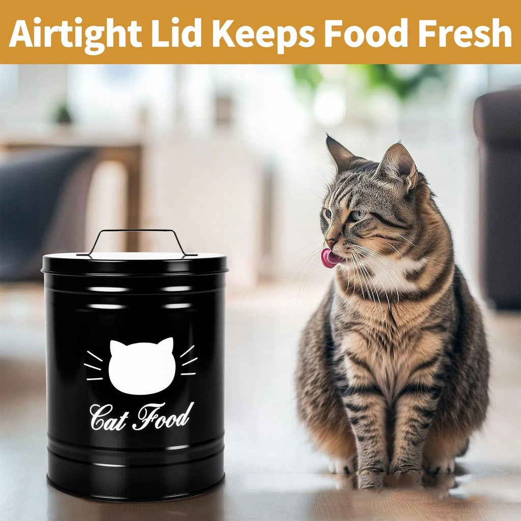 Round black and white iron sheet storage cans with lids for kitchen dry food storage.