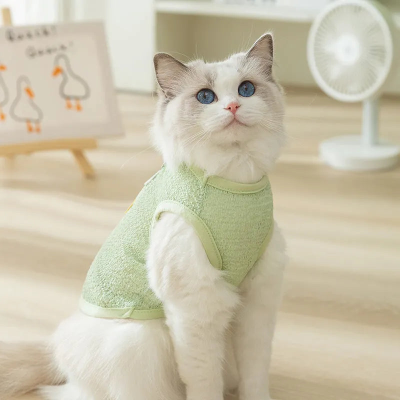 Green knitted cat clothing with a hollowed-out cartoon bear patch design