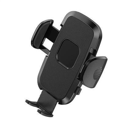 Gravity-activated car phone mount with enhanced suction cup attached to windshield holding smartphone