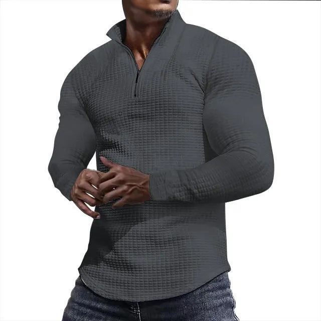 Men's stand collar half zip sweater in plaid pattern, polyester long sleeve, available in seven colours