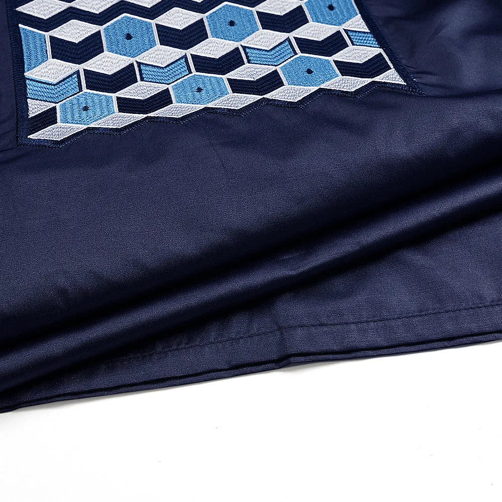 Men's dark blue embroidered three-piece suit set with polyester T-shirt style jacket and trousers