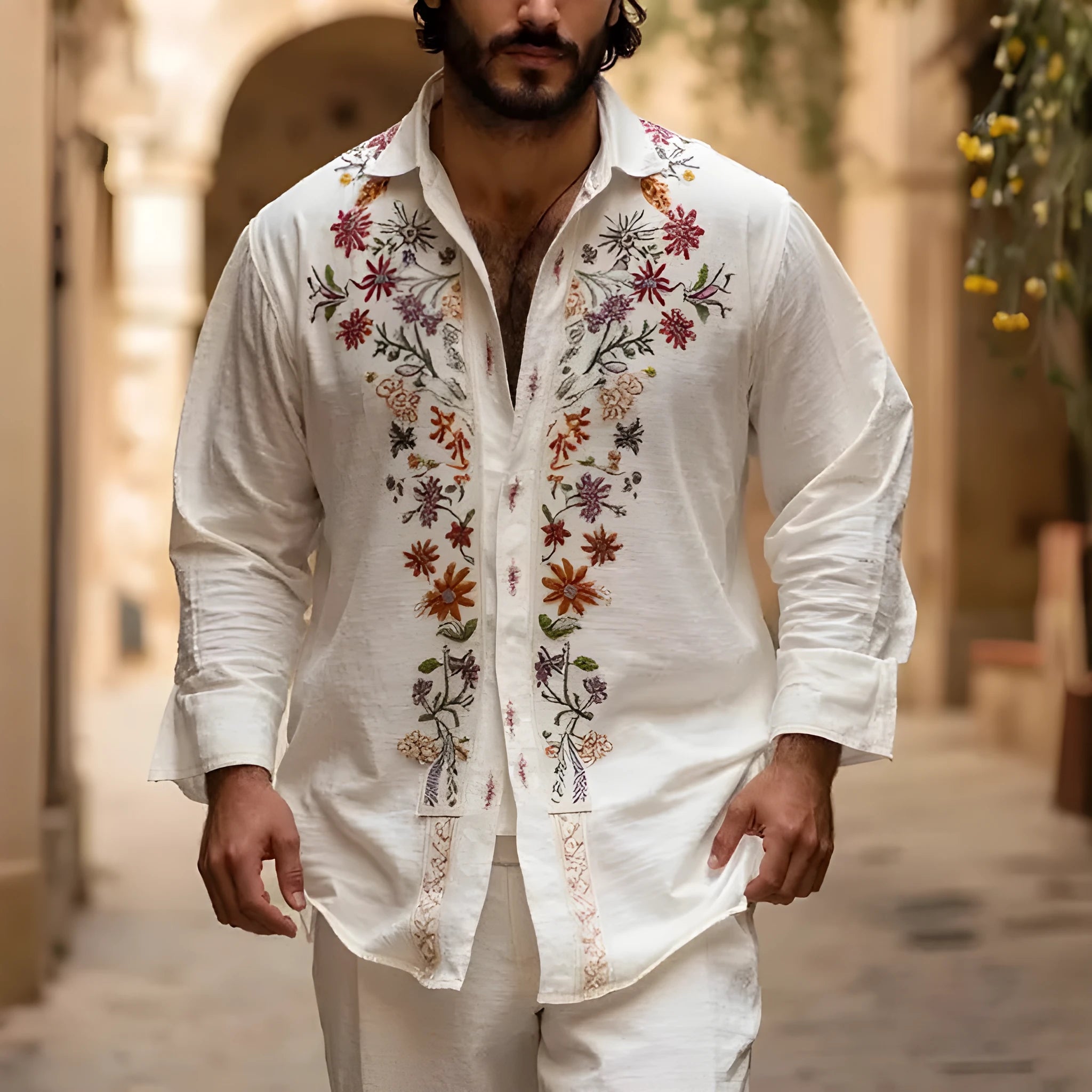 Men's retro style 3D printed long sleeve cardigan in bamboo linen fabric, loose fit summer top