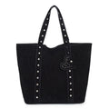 Black PU leather tote bag with double shoulder straps, showing interior sandwich pocket organiser.