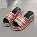 Women's wedge sandals with colourful wave print design and fish mouth toe shape