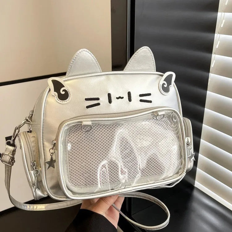 Mechanical cat backpack for women, urban simplicity style, PU material, 26x20x10cm, silver colour