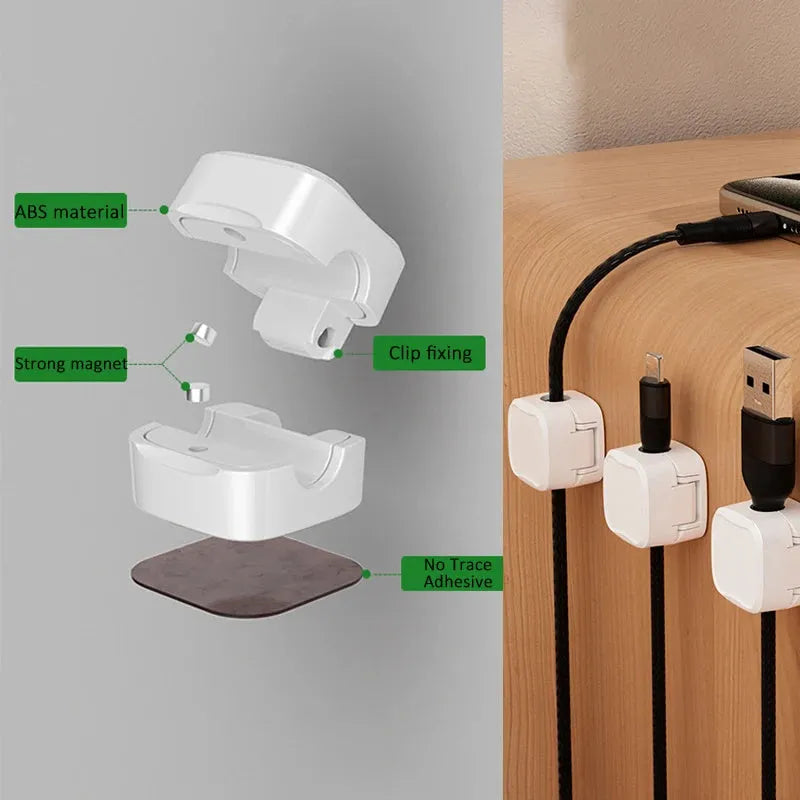 Black and white magnetic cable clips with adhesive backing for under desk wire organisation