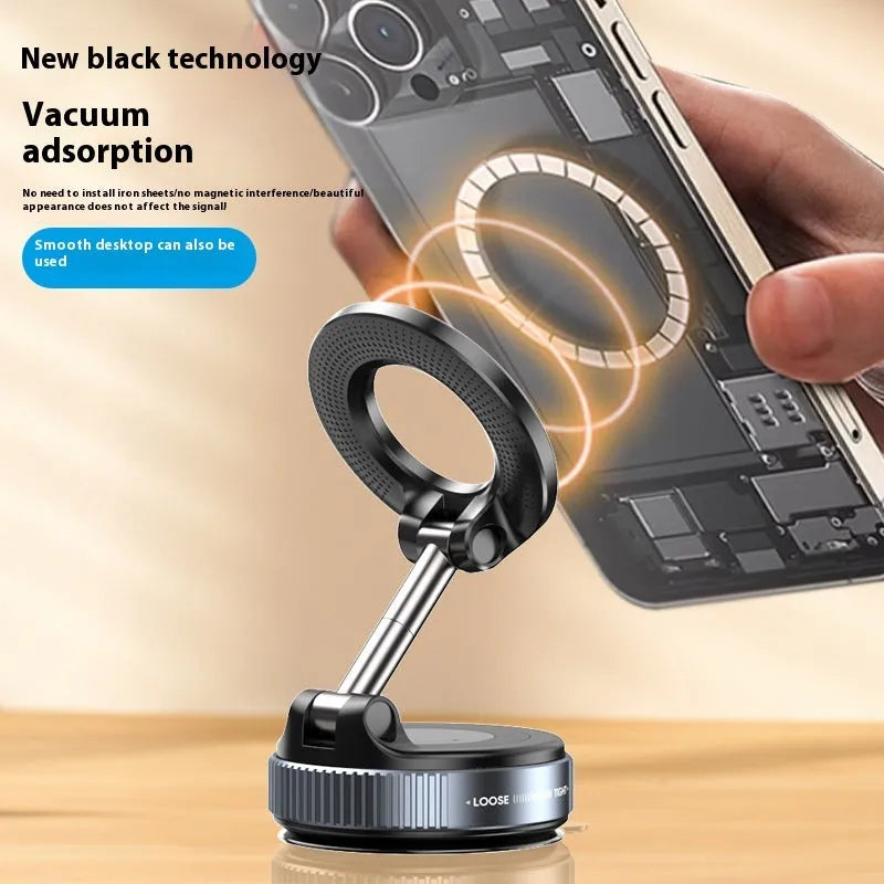 Vacuum rotary magnetic car phone holder with 360° rotation, zinc alloy and aluminium alloy build, in black showing suction and magnet