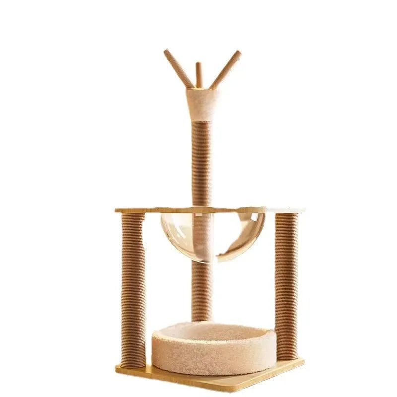 Wooden cat climbing frame with integrated space capsule design in wood colour