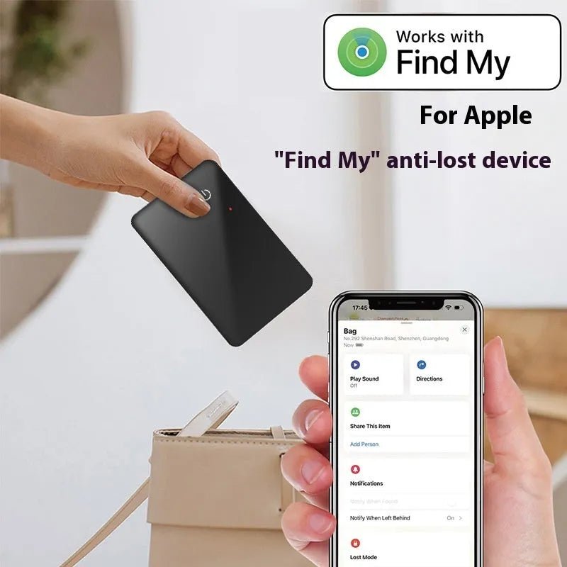 Black wireless charging pet tracker card measuring 85mm by 54mm with NFC feature and hanging hole