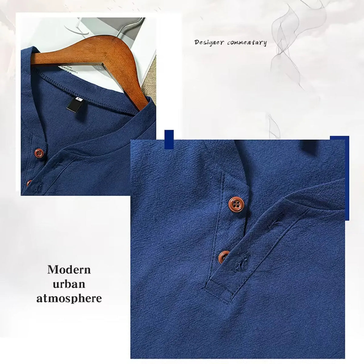 Cotton blend men's long sleeve V-neck casual beach shirt in blue with British style