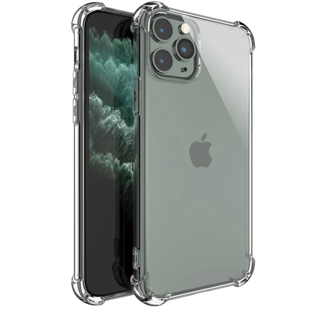 Clear transparent shockproof TPU phone case for Apple iPhone models on a table.