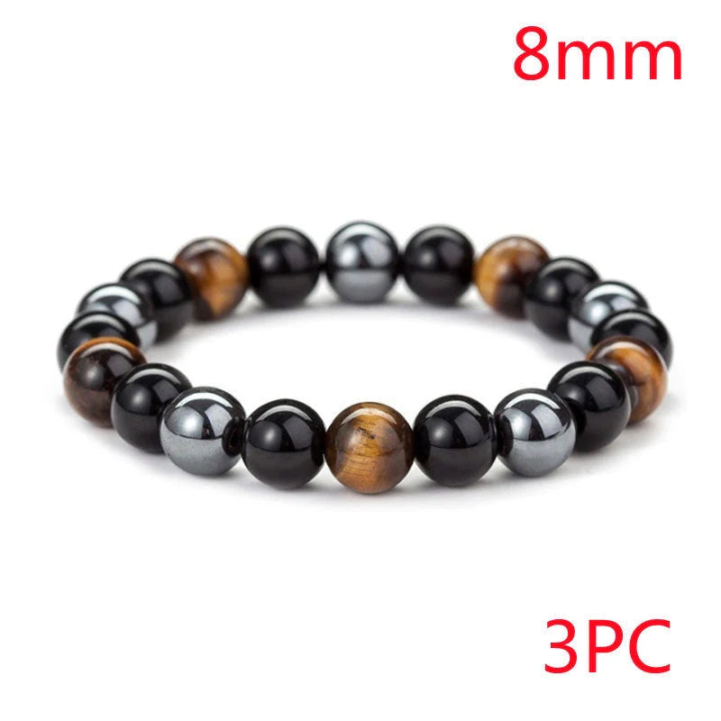 Hand-woven tiger eye stone bracelet in natural colours, showcasing unique texture and geometric design.