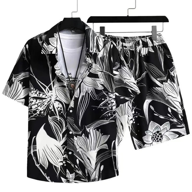 Man wearing a digital print short-sleeve cardigan and matching shorts from a casual suit set.