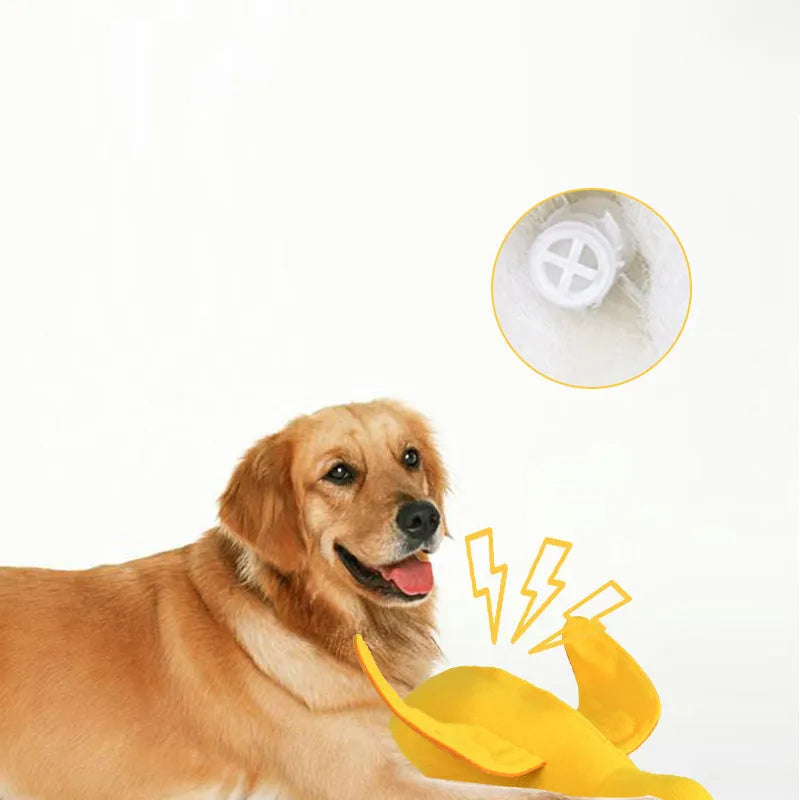 Yellow teddy dog toy with duck doll attachment for training with sounds and food leaks